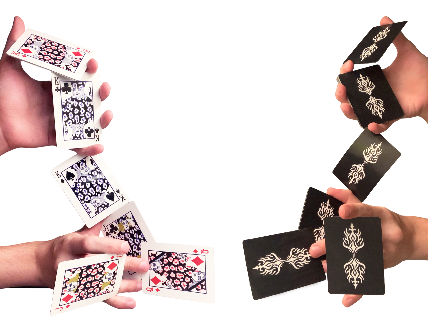 Two cardistry displays side by side — Future court cards fanned face up, and the black patterned backs held mid-flourish