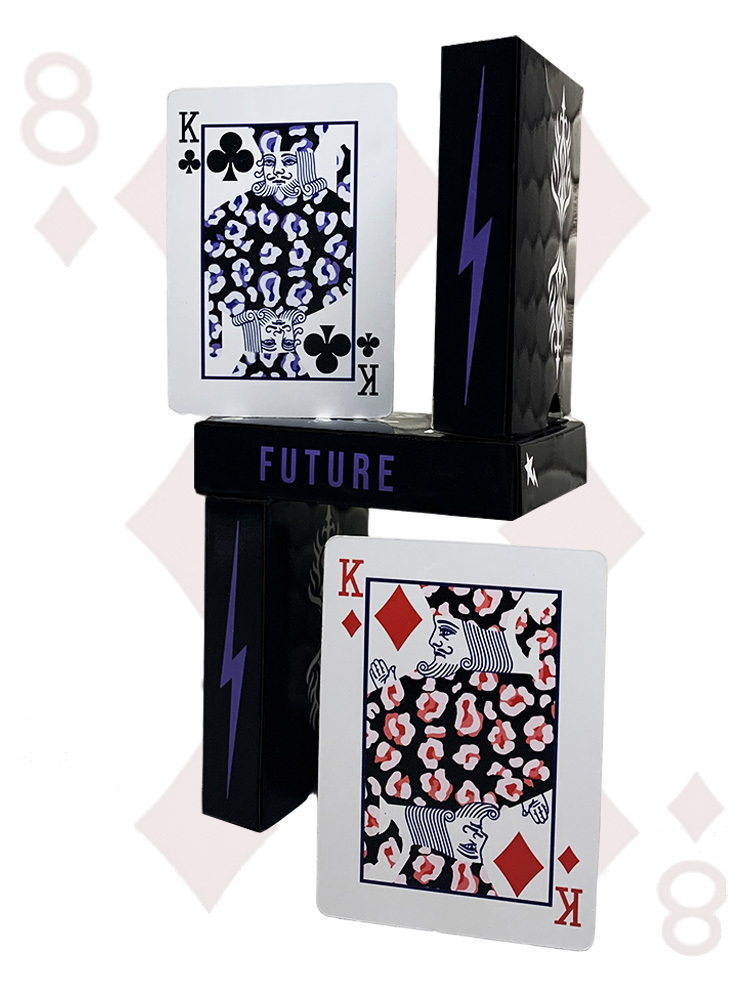 Two Future court cards balanced against the tuck box