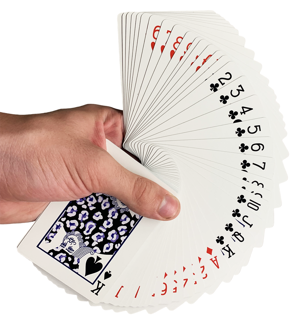 A hand fanning a full deck of Future Playing Cards, every index visible